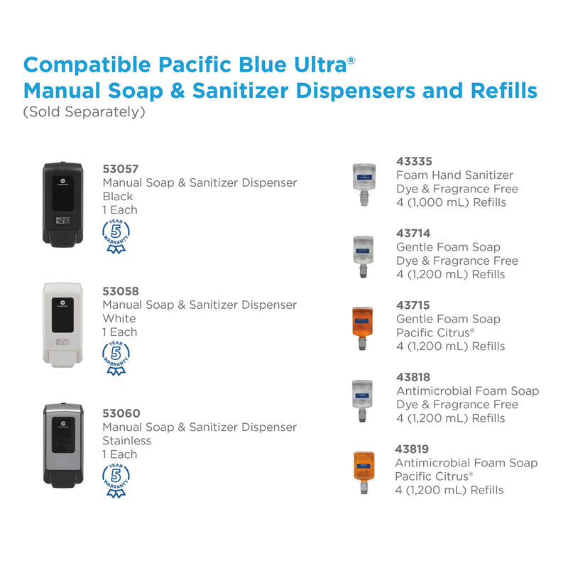 Georgia Pacific Pacific Blue Ultra Foam Soap Manual Dispenser Refill, Antimicrobial, Unscented, 1,200 mL, 4/Carton