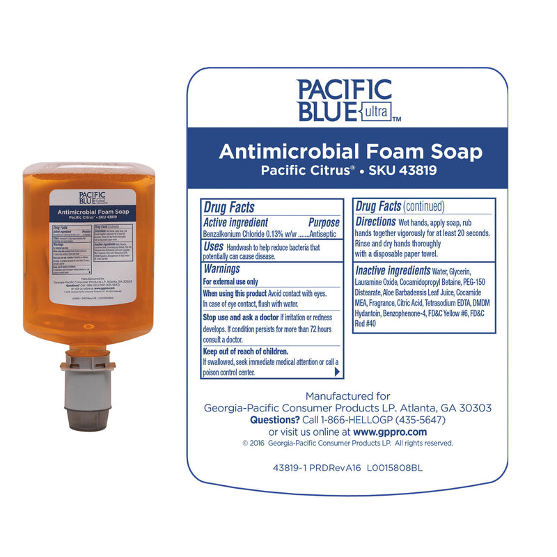 Georgia Pacific Pacific Blue Ultra Foam Soap Manual Dispenser Refill, Antimicrobial, Pacific Citrus, 1,200 mL, 4/Carton