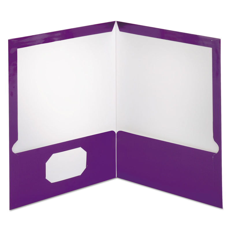 Oxford Two-Pocket Laminated Folder, 100-Sheet Capacity, 11 x 8.5, Metallic Purple, 25/Box