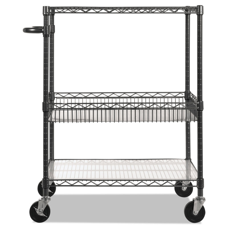 Alera Three-Tier Wire Cart with Basket, Metal, 2 Shelves, 1 Bin, 500 lb Capacity, 34" x 18" x 40", Black Anthracite