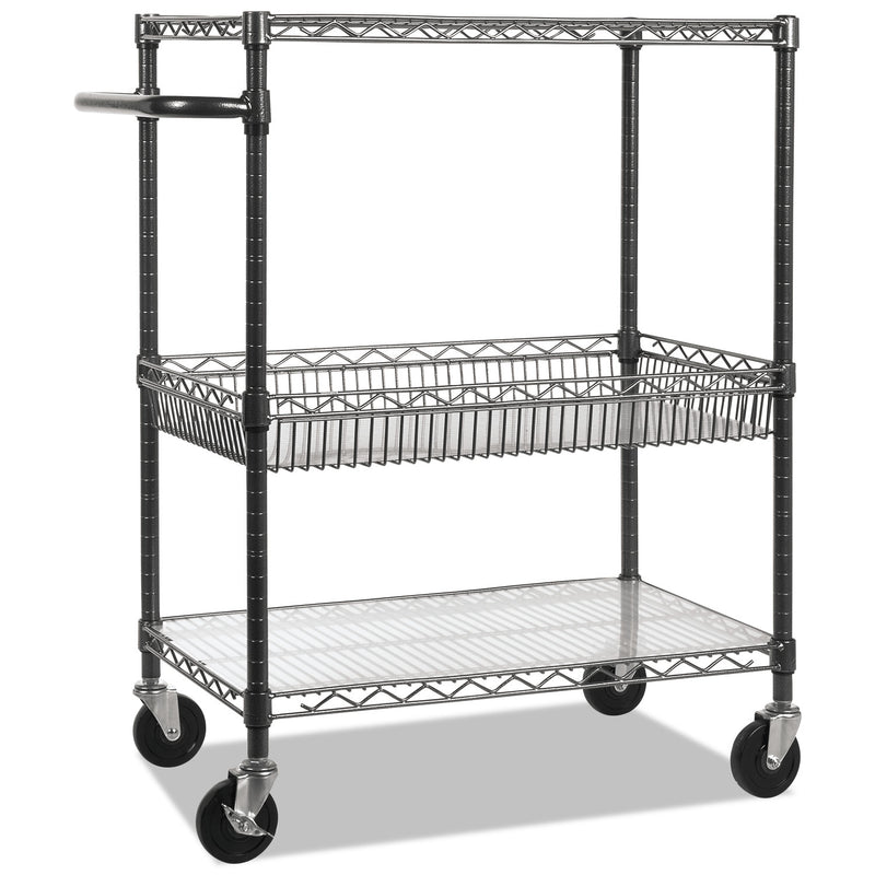 Alera Three-Tier Wire Cart with Basket, Metal, 2 Shelves, 1 Bin, 500 lb Capacity, 34" x 18" x 40", Black Anthracite