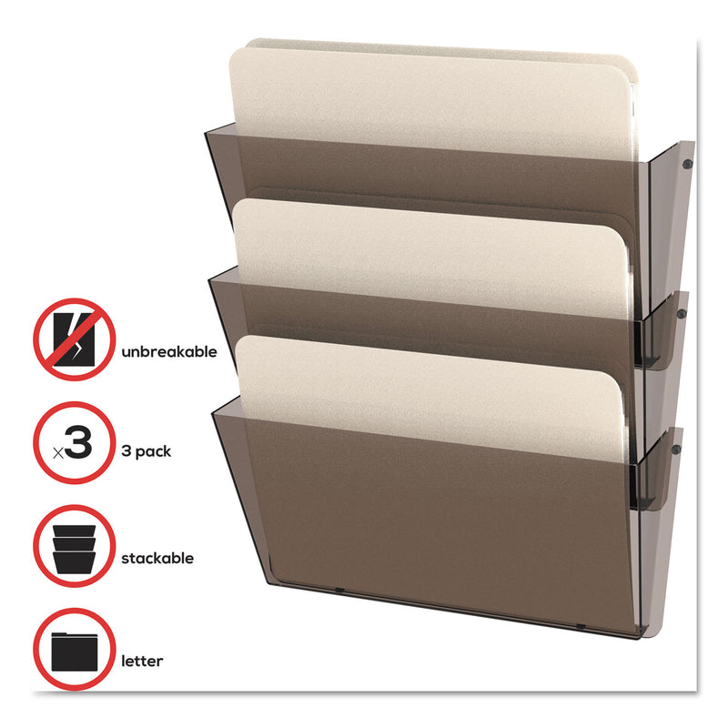 deflecto Unbreakable DocuPocket Wall File, 3 Sections, Letter Size, 14.5" x 3" x 6.5", Smoke, 3/Pack