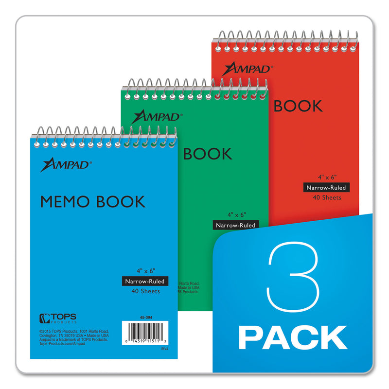 Ampad Memo Pads, Narrow Rule, Assorted Cover Colors, 40 White 4 x 6 Sheets, 3/Pack