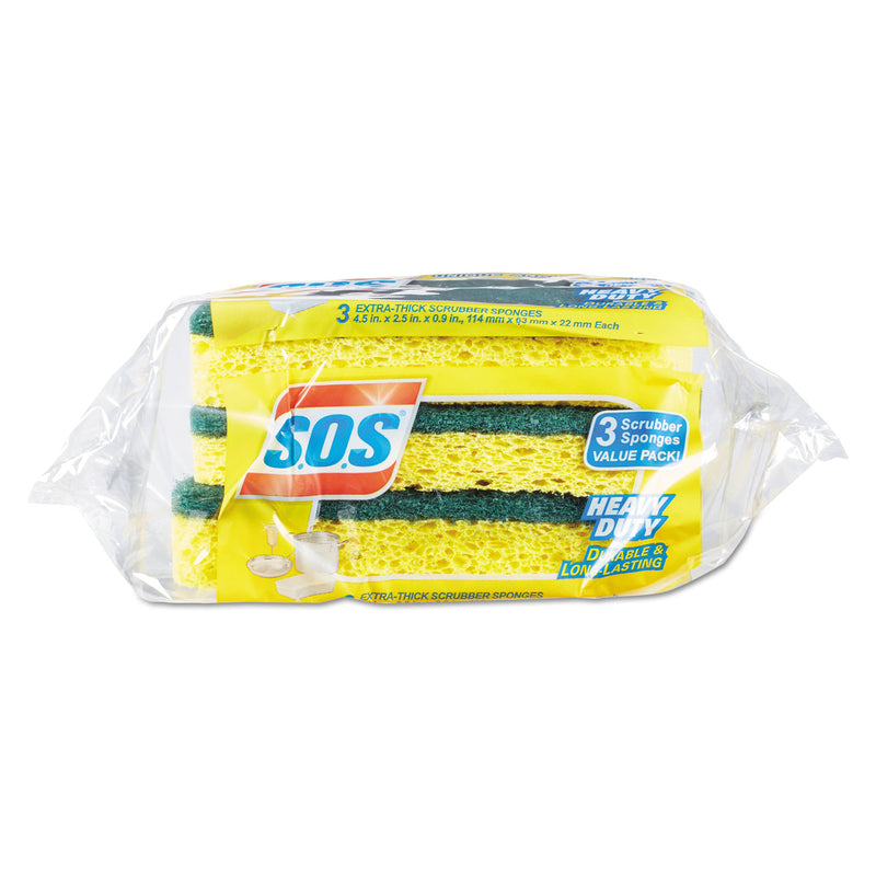 S.O.S. Heavy Duty Scrubber Sponge, 2.5 x 4.5, 0.9" Thick, Yellow/Green, 3/Pack, 8 Packs/Carton