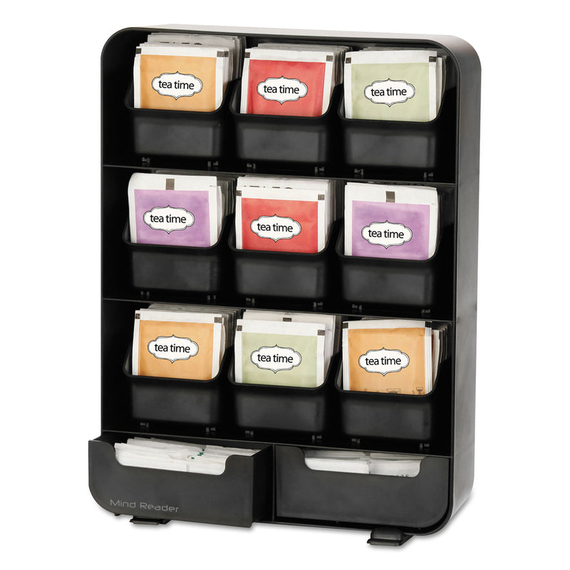 Mind Reader Baggy Nine-Drawer Tea Bag and Accessory Holder, 10.24 x 4.33 x 13.11, Black
