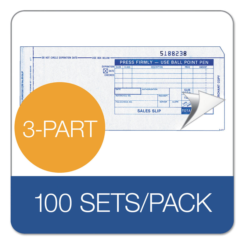 TOPS Credit Card Sales Slip, Three-Part Carbonless, 7.78 x 3.25, 1/Page, 100 Forms