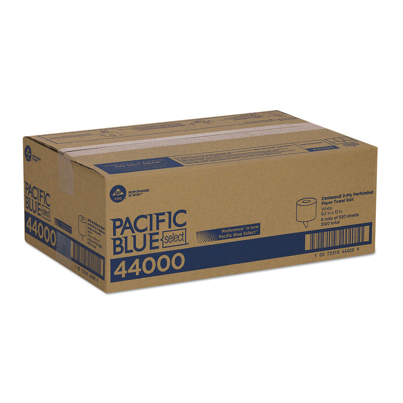 Georgia Pacific Pacific Blue Select 2-Ply Center-Pull Perf Wipers, 2-Ply, 8.25 x 12, White, 520/Roll, 6 Rolls/Carton