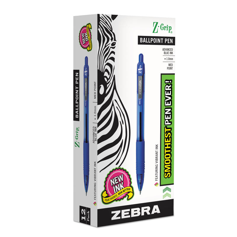 Zebra Z-Grip Ballpoint Pen, Retractable, Medium 1 mm, Blue Ink, Clear Barrel, 12/Pack