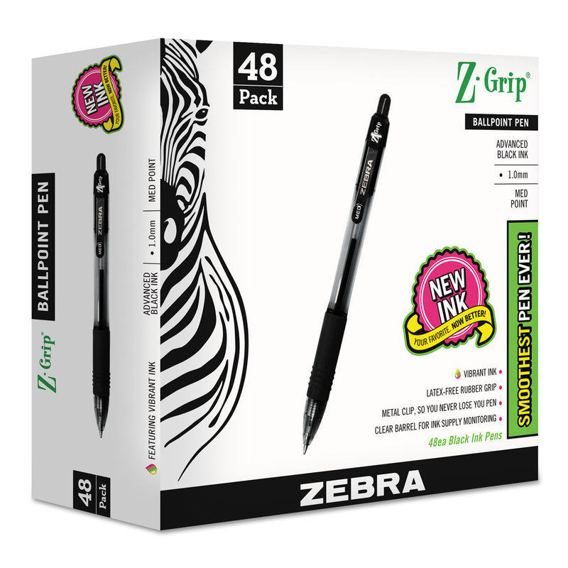 Zebra Z-Grip Ballpoint Pen, Retractable, Medium 1 mm, Black Ink, Black Barrel, 48/Pack