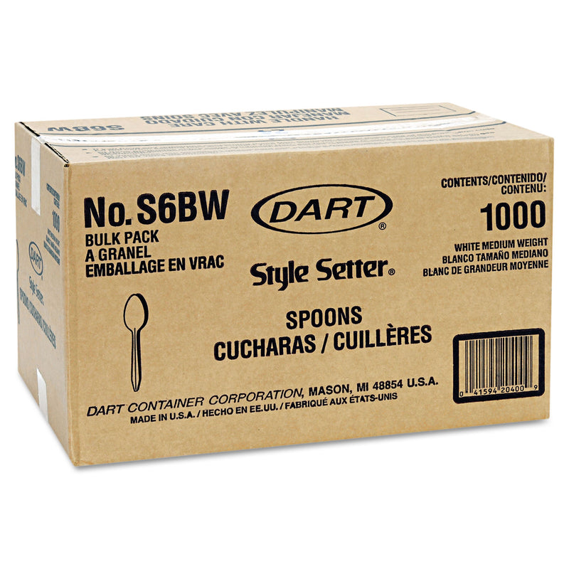 Dart Style Setter Mediumweight Plastic Teaspoons, White, 1000/Carton