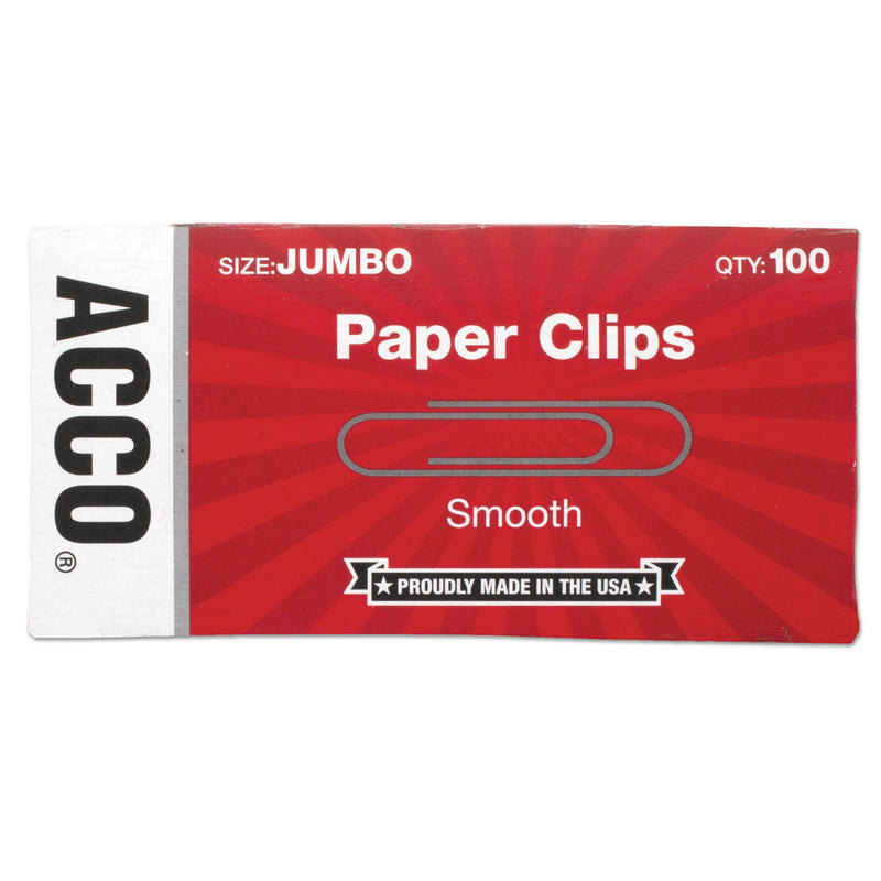 ACCO Paper Clips, Jumbo, Smooth, Silver, 100 Clips/Box, 10 Boxes/Pack