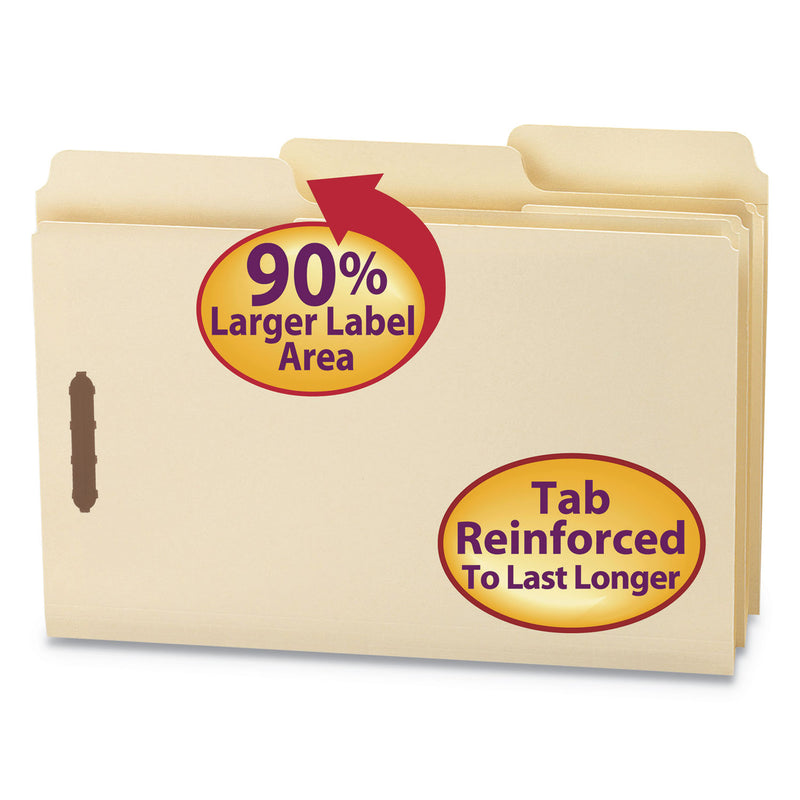 Smead SuperTab Reinforced Guide Height Fastener Folders, 2 Fasteners, Legal Size, 14-pt Manila Exterior, 50/Box