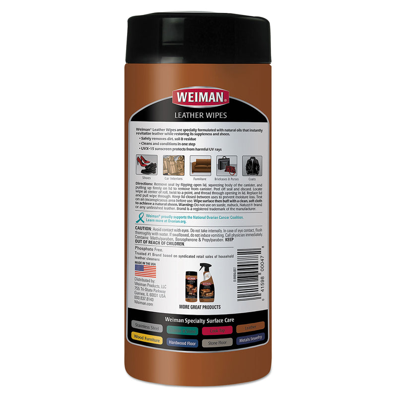 WEIMAN Leather Wipes, 7 x 8, 30/Canister