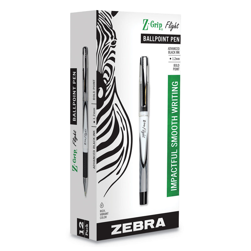 Zebra Z-Grip Flight Ballpoint Pen, Stick, Bold 1.2 mm, Black Ink, White/Black Fashion Accents Barrel, 12/Pack
