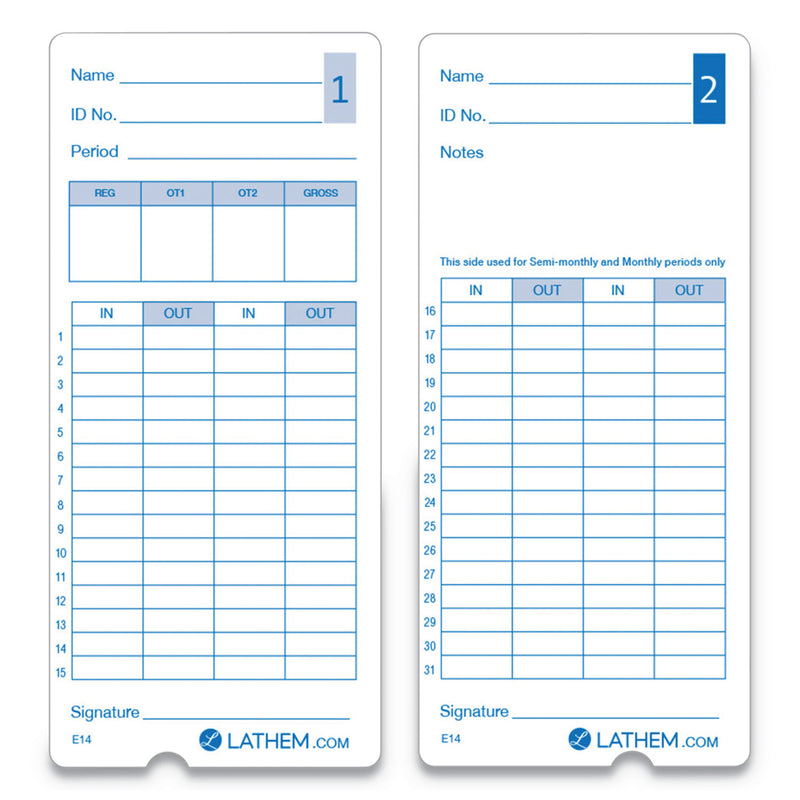 Lathem Time Clock Cards for Lathem Time 400E, Two Sides, 3 x 7, 100/Pack