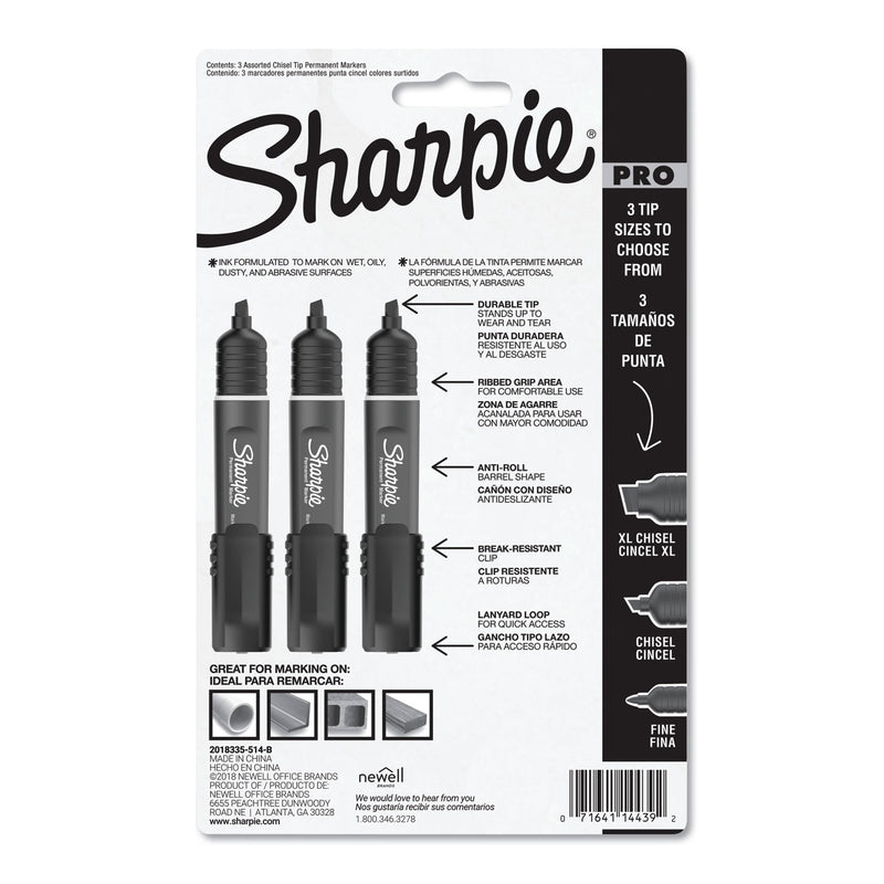 Sharpie Pro Permanent Marker, Broad Chisel Tip, Assorted Colors, 3/Pack