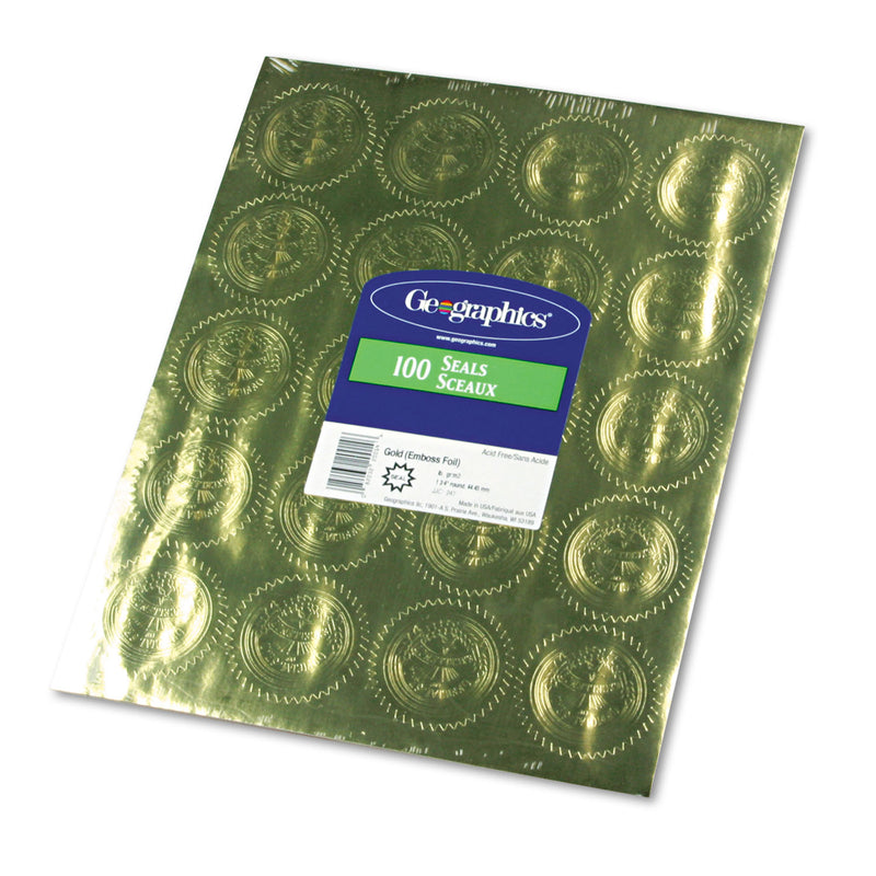 Geographics Self-Adhesive Embossed Seals, 2" dia, Gold, 20/Sheet, 5 Sheets/Pack