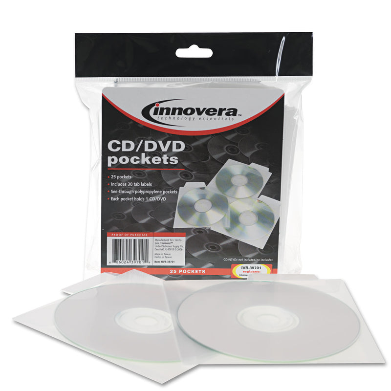Innovera CD/DVD Pockets, 1 Disc Capacity, Clear, 25/Pack