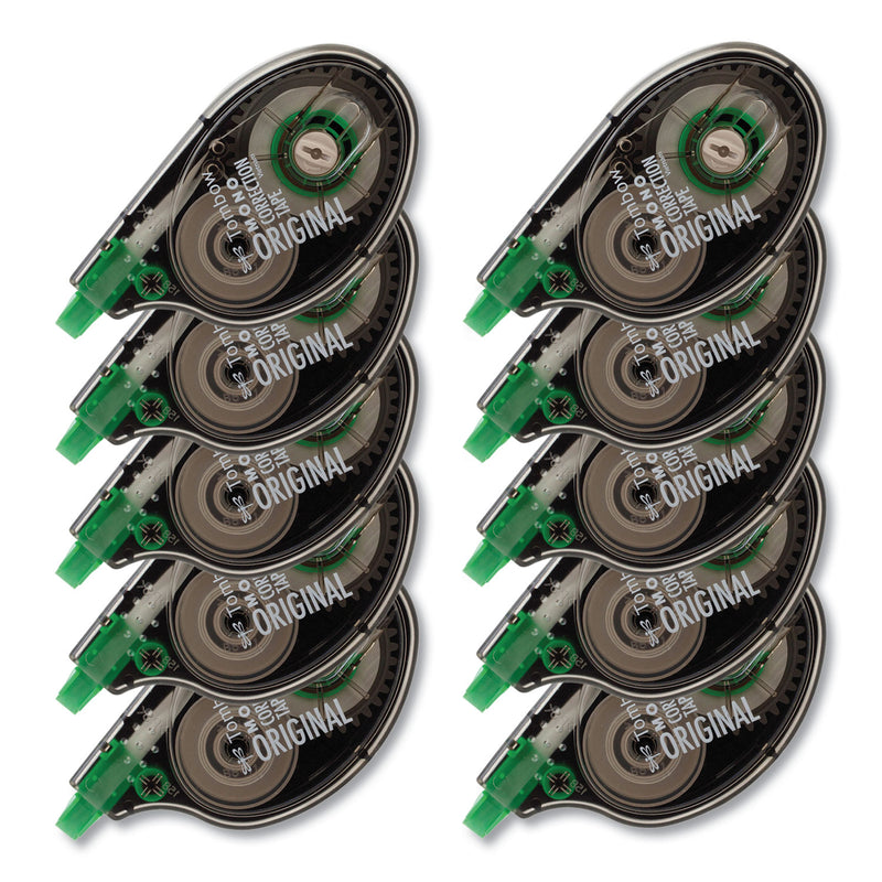 Tombow MONO Correction Tape, Gray/Clear Applicator, 0.17" x 394", White Tape, 10/Pack