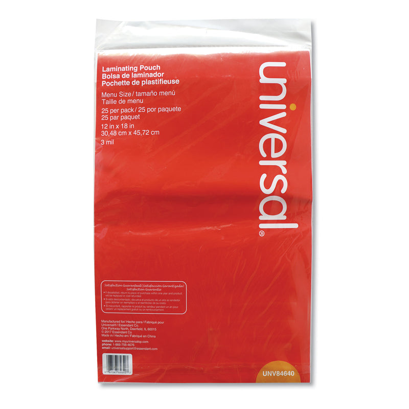 Universal Laminating Pouches, 3 mil, 18" x 12", Matte Clear, 25/Pack