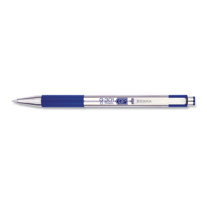 Zebra G-301 Gel Pen, Retractable, Medium 0.7 mm, Blue Ink, Stainless Steel/Blue Barrel