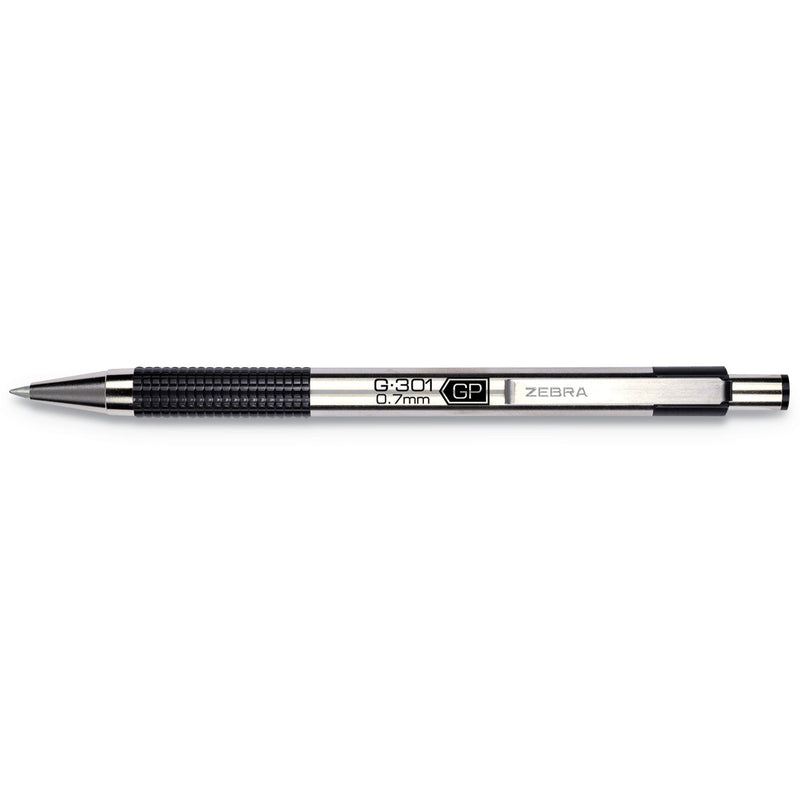 Zebra G-301 Gel Pen, Retractable, Medium 0.7 mm, Black Ink, Stainless Steel/Black Barrel
