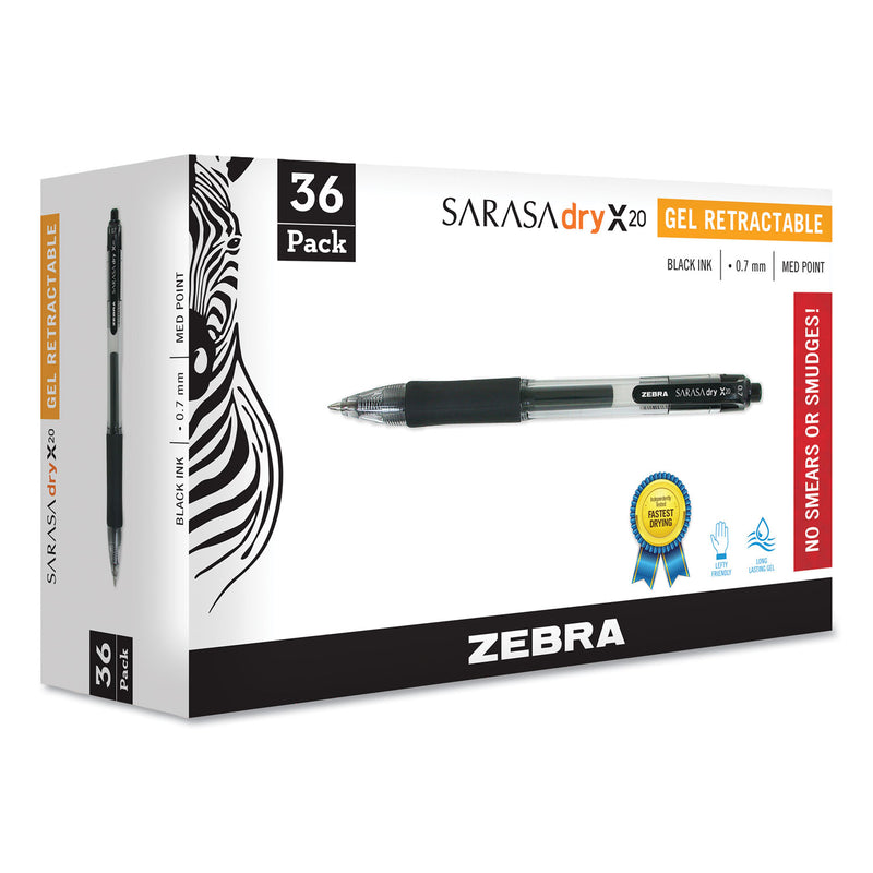 Zebra Sarasa Dry Gel X20 Gel Pen, Retractable, Medium 0.7 mm, Black Ink, Smoke Barrel, 36/Pack
