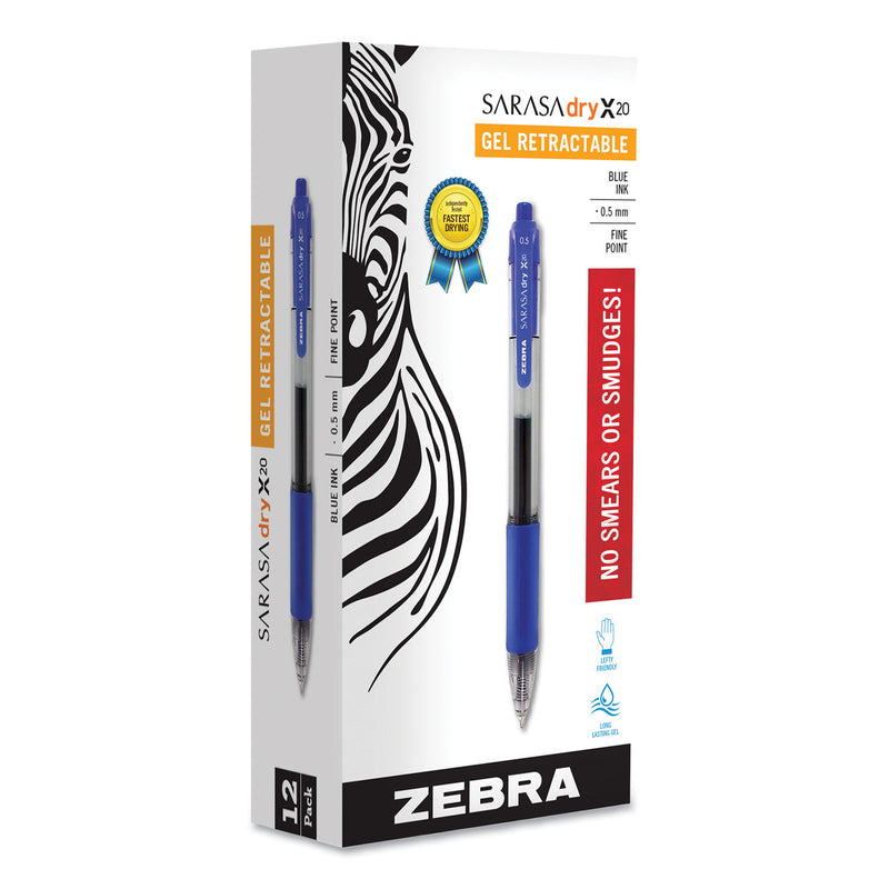 Zebra Sarasa Dry Gel X20 Gel Pen, Retractable, Fine 0.5 mm, Blue Ink, Translucent Blue Barrel, 12/Pack