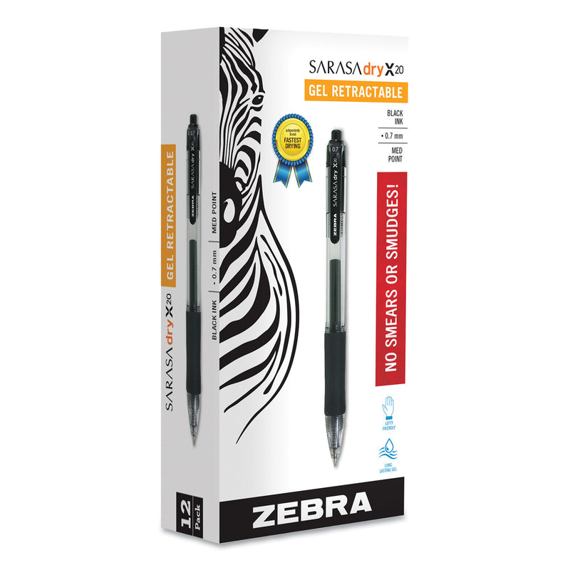 Zebra Sarasa Dry Gel X20 Gel Pen, Retractable, Medium 0.7 mm, Black Ink, Smoke Barrel, 12/Pack