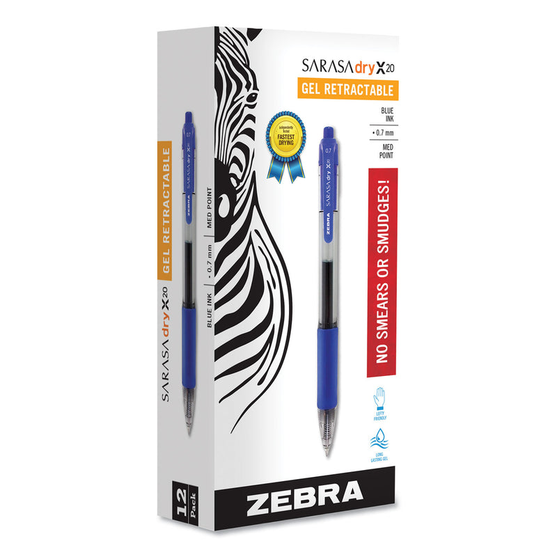 Zebra Sarasa Dry Gel X20 Gel Pen, Retractable, Medium 0.7 mm, Blue Ink, Translucent Blue Barrel, 12/Pack
