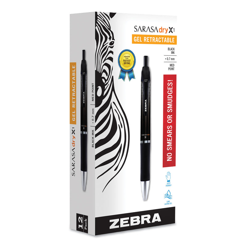Zebra Sarasa Dry Gel X1 Gel Pen, Retractable, Medium 0.7 mm, Black Ink, Black Barrel, 12/Pack