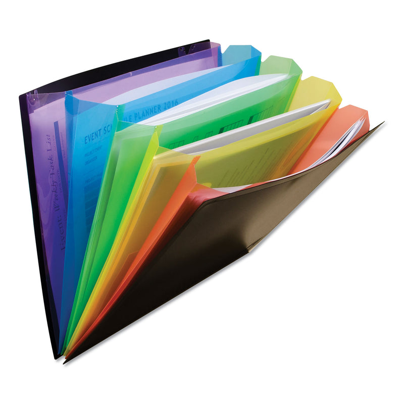 C-Line Rainbow Document Sorter/Case, 5" Expansion, 5 Sections, Elastic Cord Closure, Letter Size, Black/Multicolor