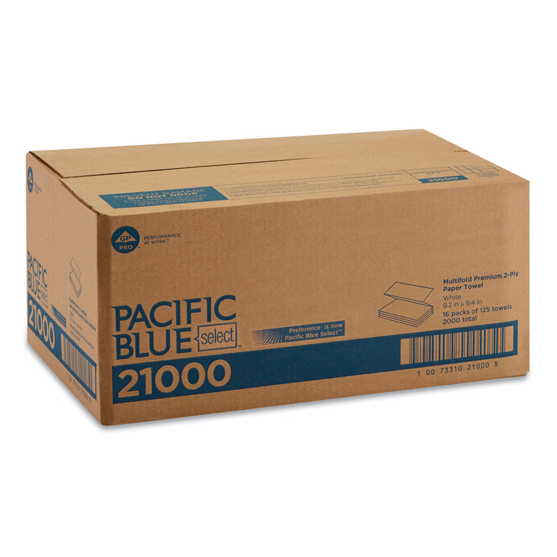 Georgia Pacific Blue Select Multi-Fold 2 Ply Paper Towel, 9.2 x 9.4, White, 125/Pack, 16 Packs/Carton