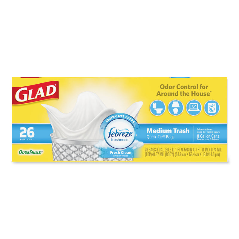 Glad OdorShield Medium Quick-Tie Trash Bags, 8 gal, 0.57 mil, 21.63" x 23", White, 156/Carton