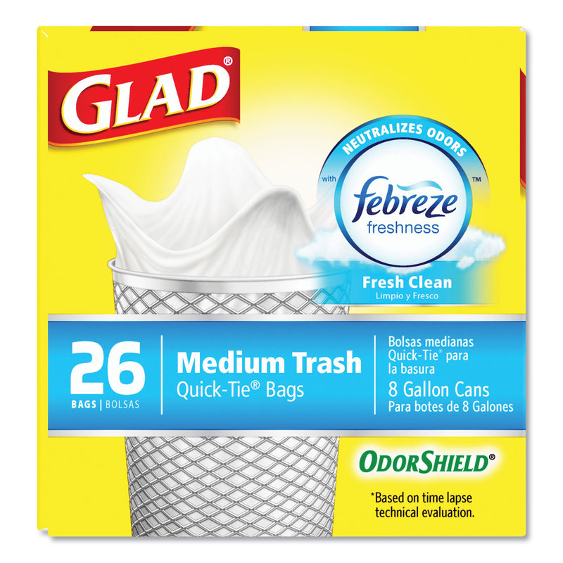 Glad OdorShield Medium Quick-Tie Trash Bags, 8 gal, 0.57 mil, 21.63" x 23", White, 156/Carton
