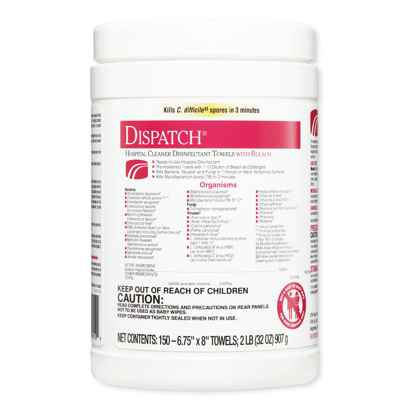 Clorox Dispatch Cleaner Disinfectant Towels, 6.75 x 8, Unscented, 150/Canister, 8 Canisters/Carton