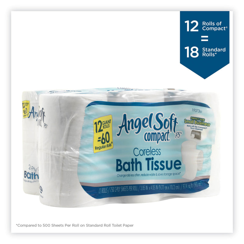 Georgia Pacific Angel Soft ps Compact Coreless Bath Tissue, Septic Safe, 2-Ply, White, 750 Sheets/Roll, 12 Rolls/Carton