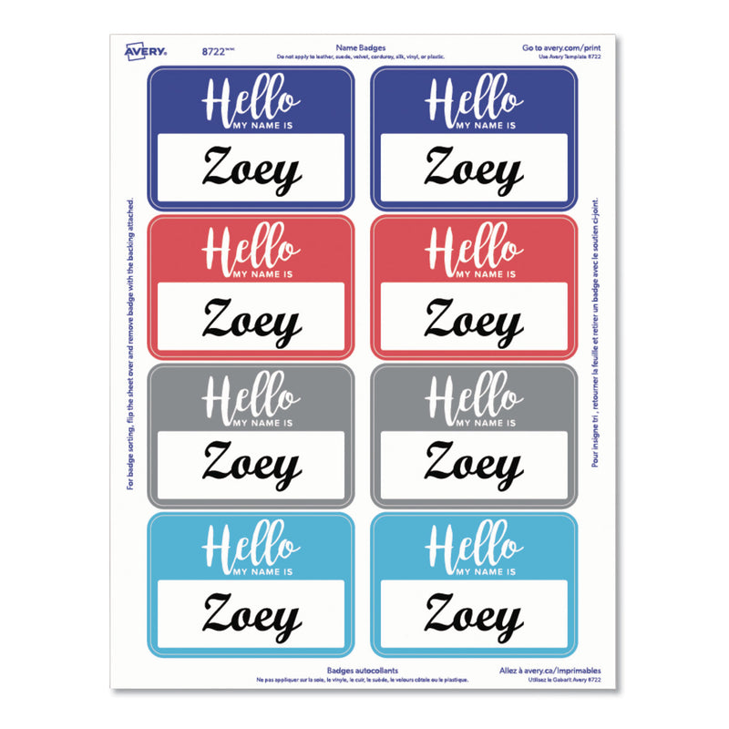 Avery Flexible Adhesive Name Badge Labels, "Hello", 3 3/8 x 2 1/3, Assorted, 120/PK