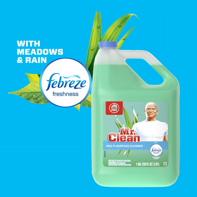 Mr. Clean Multipurpose Cleaning Solution with Febreze,128 oz Bottle, Meadows and Rain Scent, 4/Carton