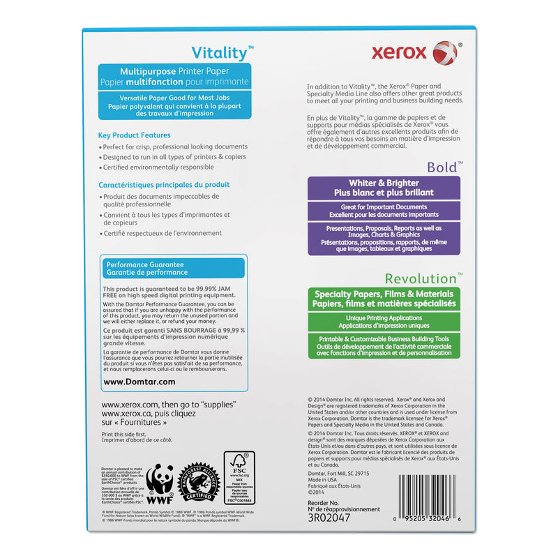 xerox Vitality Multipurpose Print Paper, 92 Bright, 20 lb Bond Weight, 8.5 x 11, White, 500/Ream