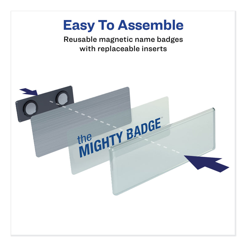 Avery The Mighty Badge Name Badge Holder Kit, Horizontal, 3 x 1, Laser, Silver, 50 Holders/120 Inserts