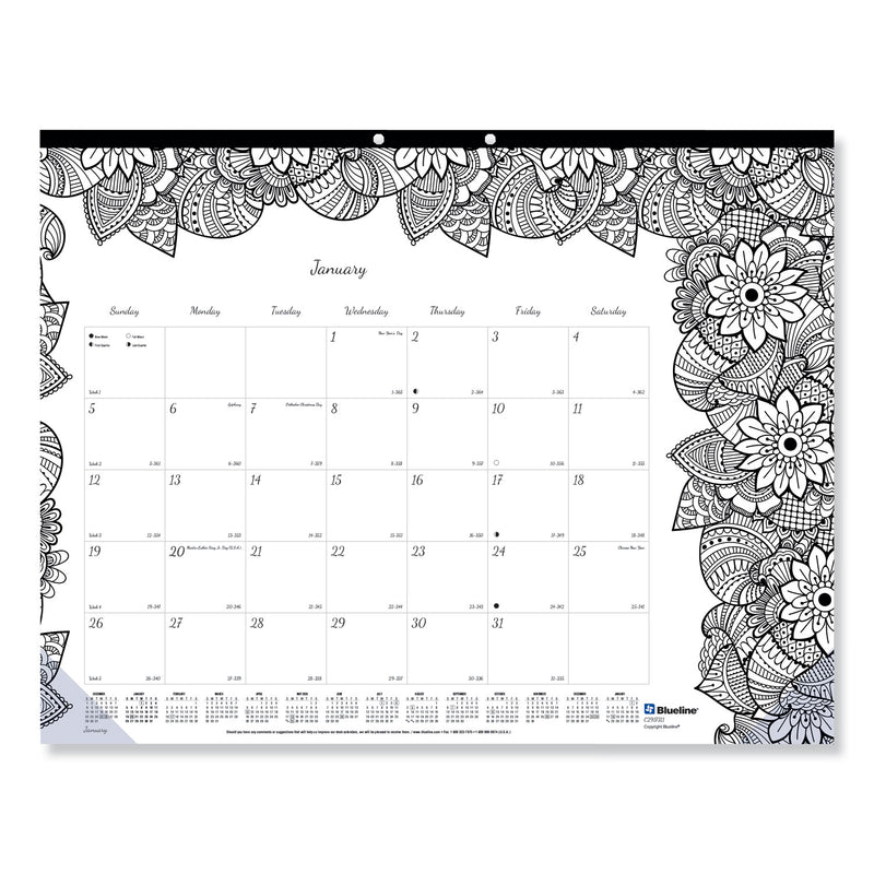 Blueline Monthly Desk Pad Calendar, DoodlePlan Coloring Pages, 22 x 17, Black Binding, Clear Corners, 12-Month (Jan to Dec): 2023