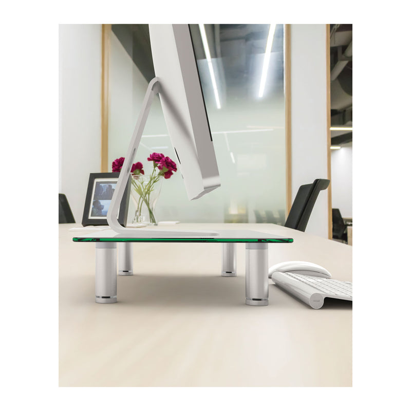 Innovera Adjustable Tempered Glass Monitor Riser, 15.75" x 9.5" x 3" to 3.5", Clear/Silver, Supports 44 lbs