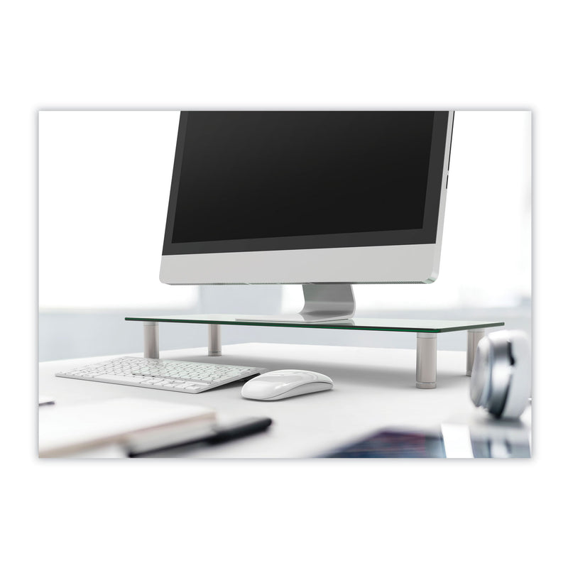 Innovera Adjustable Tempered Glass Monitor Riser, 22.75" x 8.25" x 3" to 3.5", Clear/Silver