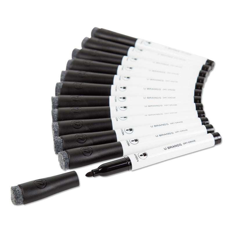 U Brands Medium Point Low-Odor Dry-Erase Markers with Erasers, Medium Bullet Tip, Black, Dozen