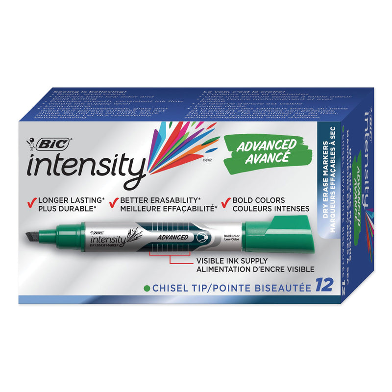 BIC Intensity Advanced Dry Erase Marker, Tank-Style, Broad Chisel Tip, Green, Dozen