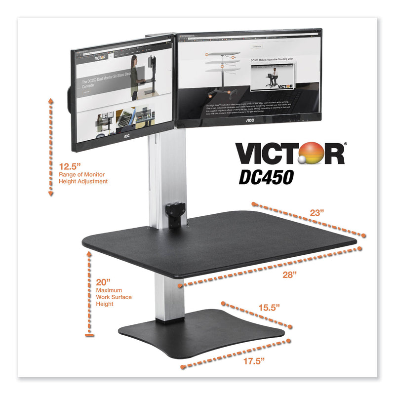 Victor High Rise Electric Dual Monitor Standing Desk Workstation, 28" x 23" x 20.25", Black/Aluminum
