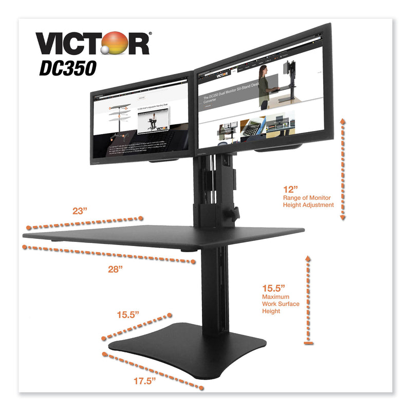 Victor High Rise Dual Monitor Standing Desk Workstation, 28" x 23" x 10.5" to 15.5", Black