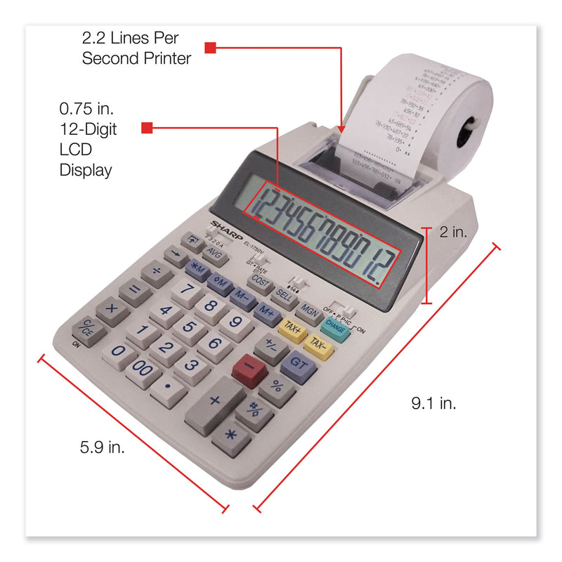 Sharp EL-1750V Two-Color Printing Calculator, Black/Red Print, 2 Lines/Sec