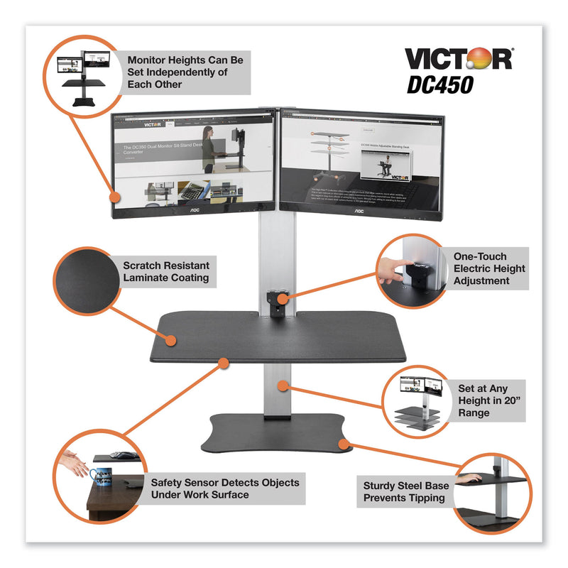 Victor High Rise Electric Dual Monitor Standing Desk Workstation, 28" x 23" x 20.25", Black/Aluminum